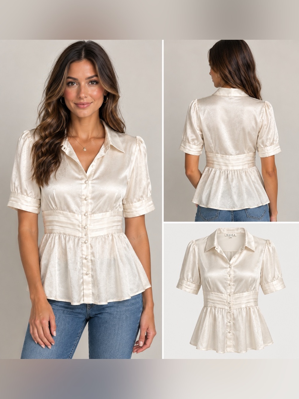 GAALA Satin Peplum Button-Down Blouse in Cream